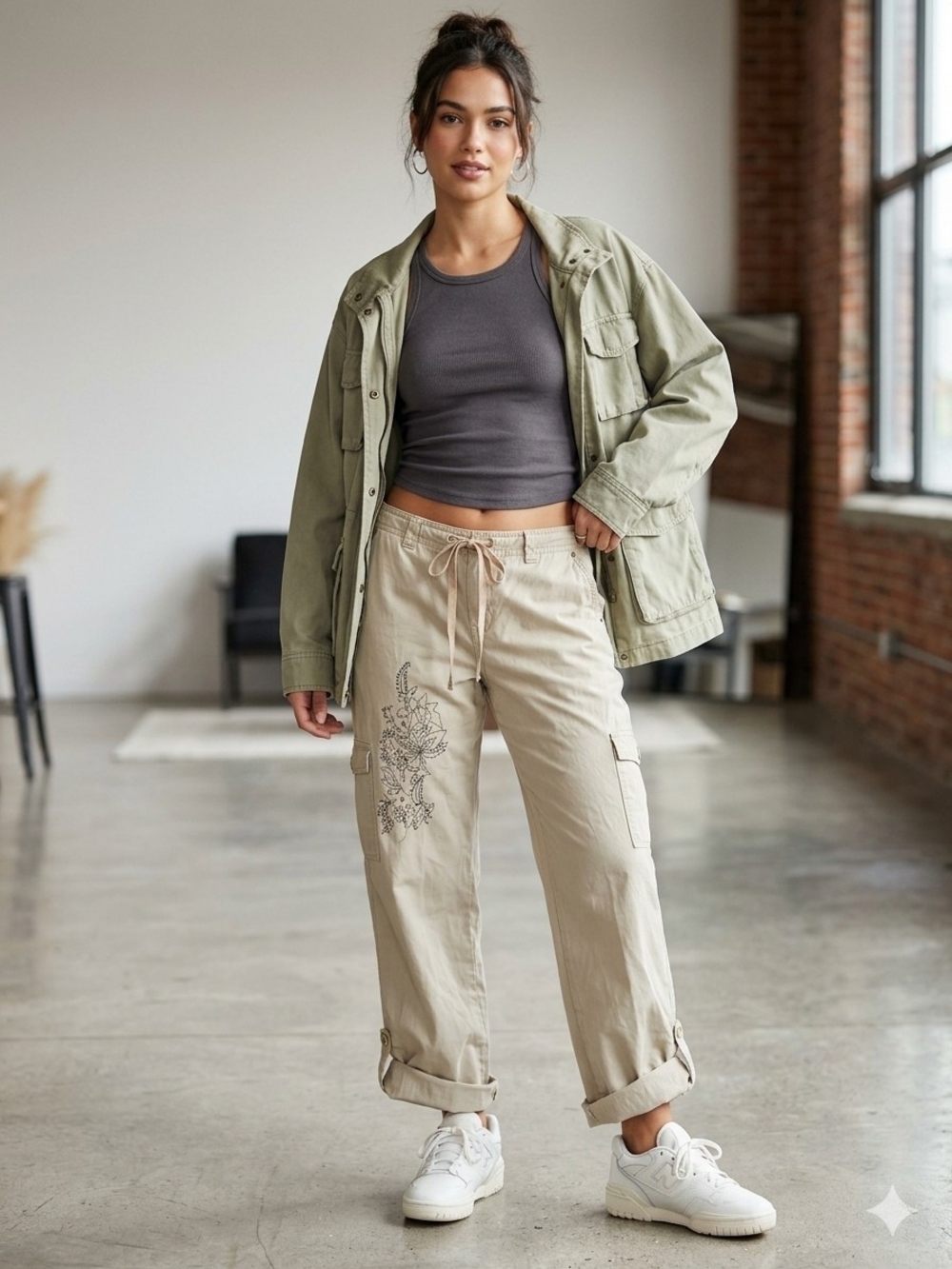 Cotton Wide Leg Cargo Pants With Drawstring And Roll Up Legs Y2K Design